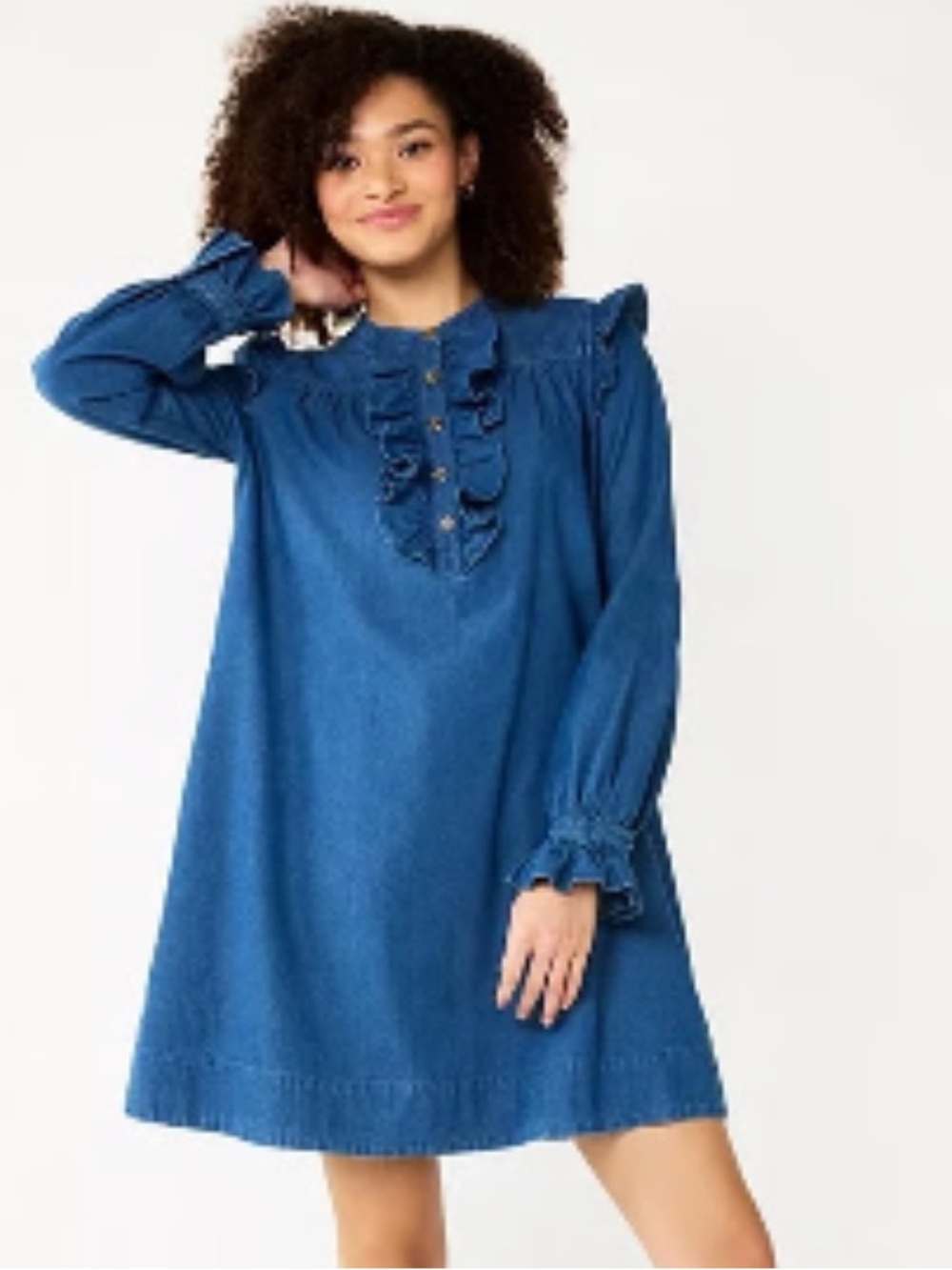 Blue Ruffle Front Long-Sleeve Dress
